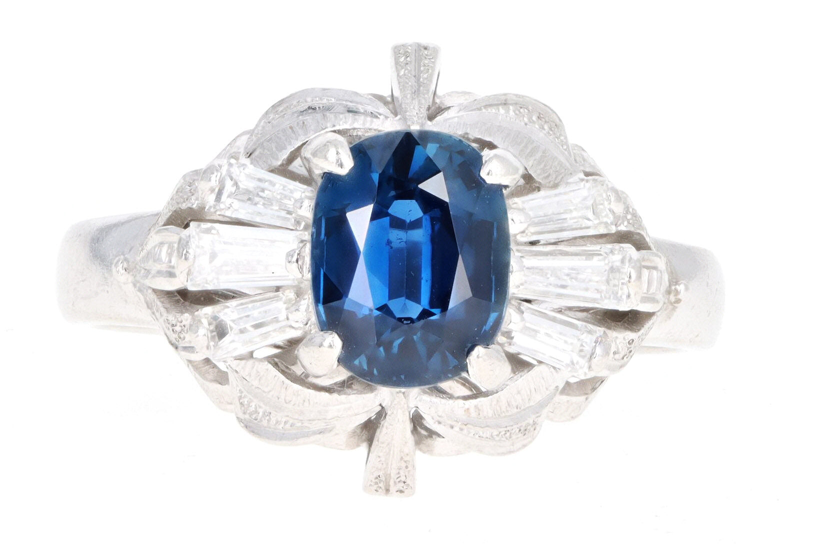 Retro Platinum 1.07 Carat Oval Natural Sapphire & Diamond Fan Ring - Queen May