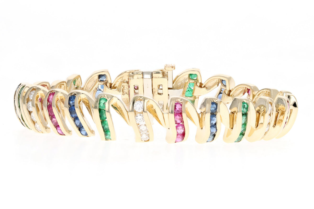 14K Yellow Gold Multi Gemstone & Diamond Swirl Link Bracelet - Queen May