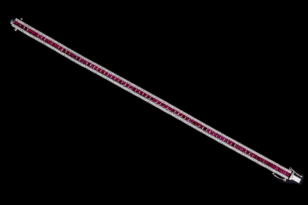 18K White Gold Natural Ruby & Diamond Line Bracelet - Queen May