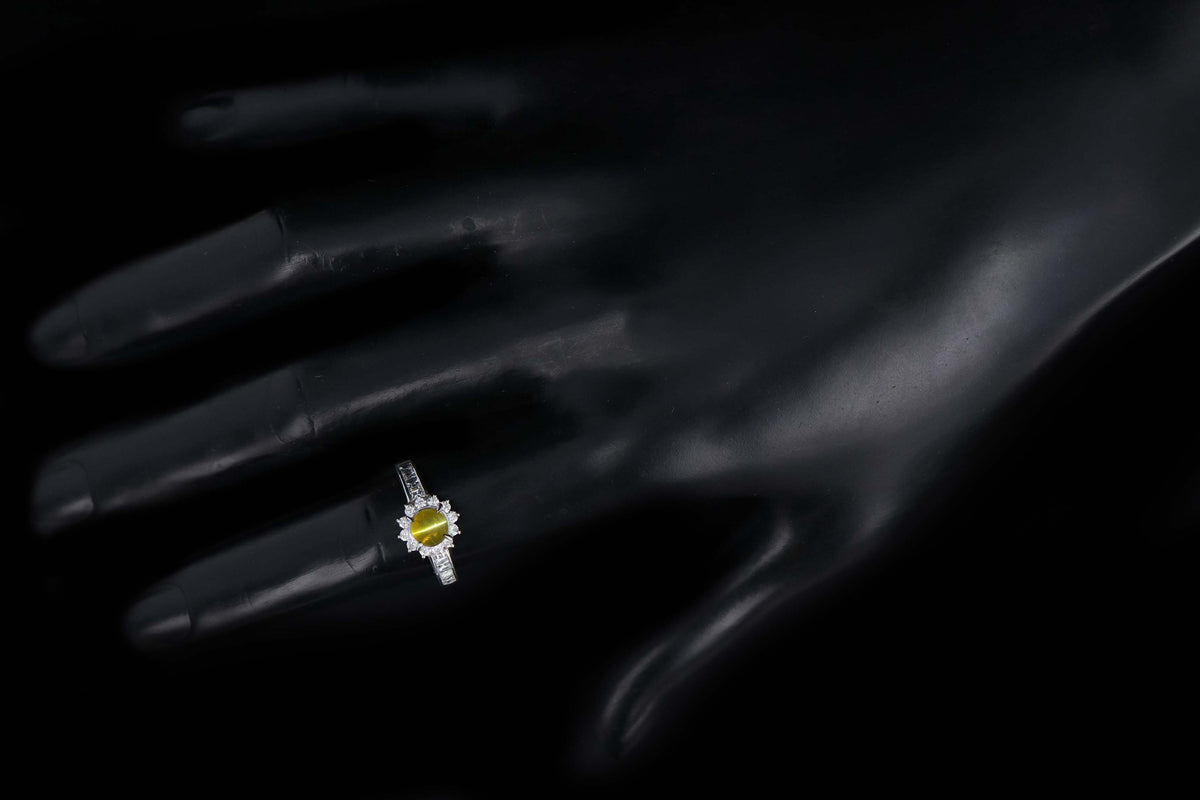 Platinum .91 Carat Cat's Eye Chrysoberyl & Diamond Halo Ring - Queen May