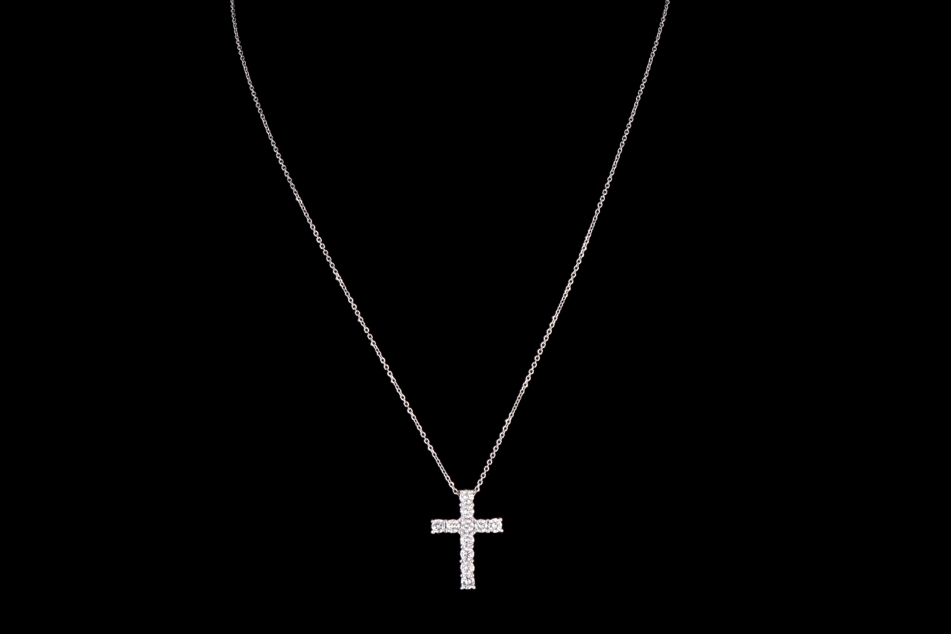 14K White Gold 1.10 Carat Total Weight Round Diamond Cross Pendant Necklace - Queen May