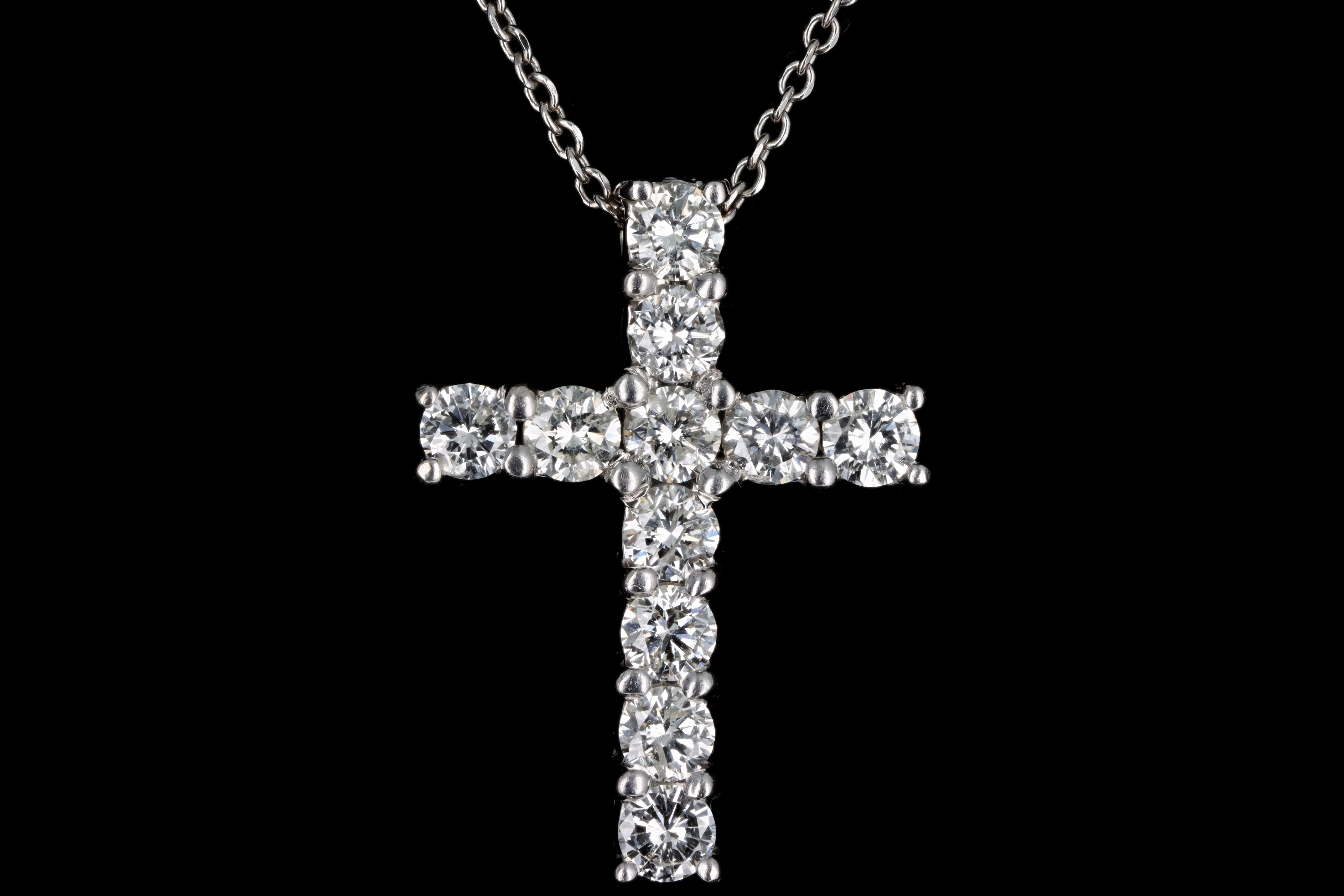 14K White Gold 1.10 Carat Total Weight Round Diamond Cross Pendant Necklace - Queen May
