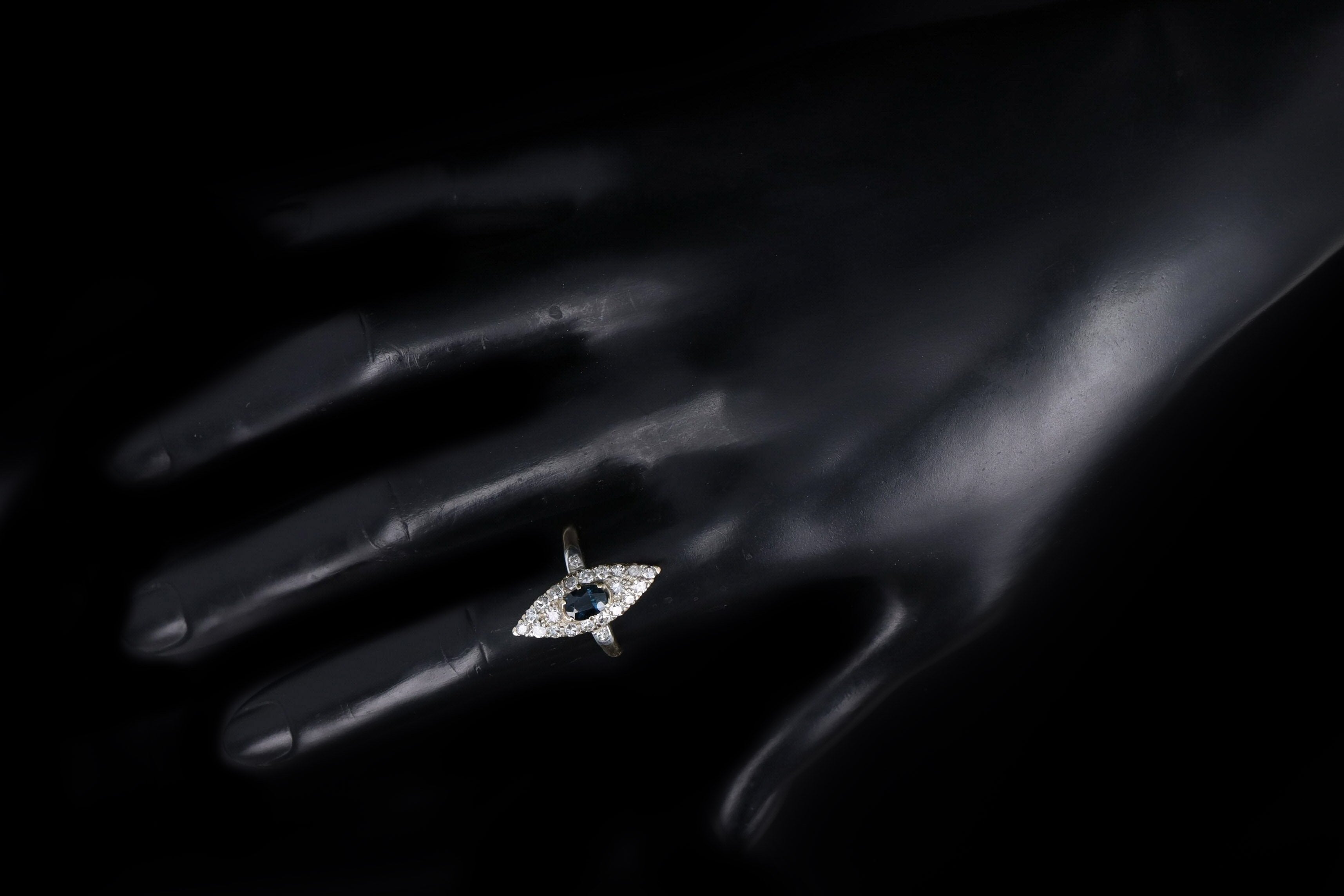 Victorian 14K Yellow Gold .65 Carat Natural Sapphire & Diamond Navette Ring - Queen May