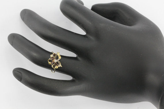 Antique Victorian 14K Gold Single Cut Diamond & Ribbon Stick Pin Conversion Ring - Queen May