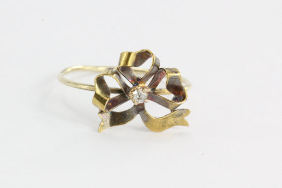 Antique Victorian 14K Gold Single Cut Diamond & Ribbon Stick Pin Conversion Ring - Queen May