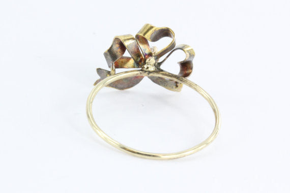 Antique Victorian 14K Gold Single Cut Diamond & Ribbon Stick Pin Conversion Ring - Queen May
