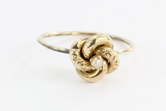 Antique Victorian 14K & 10K Gold Love Knot Seed Pearl Stick Pin Conversion Ring - Queen May