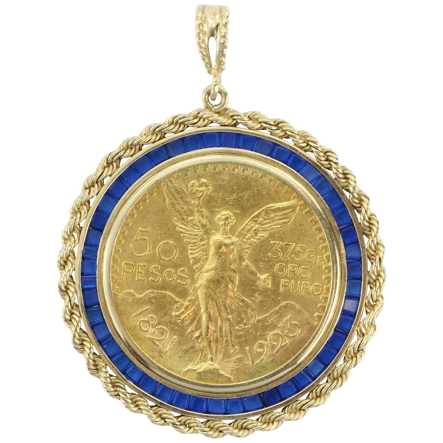 Large 1923 Gold Angel Coin Pendant set in 14K Gold & Sapphire Bezel - Queen May