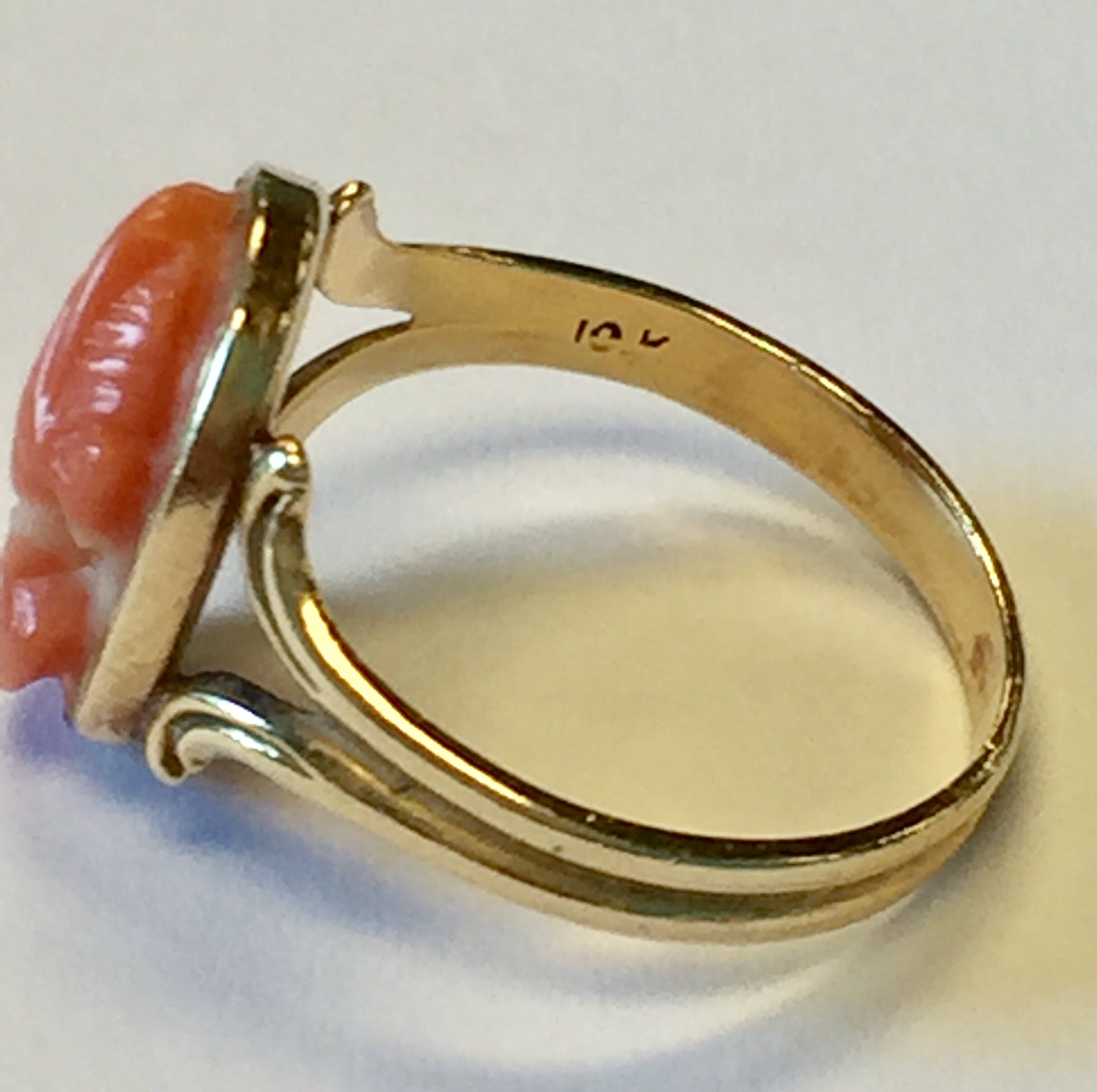 Edwardian 14k Gold Angel Skin Coral Cameo Ring c.1910 - Queen May