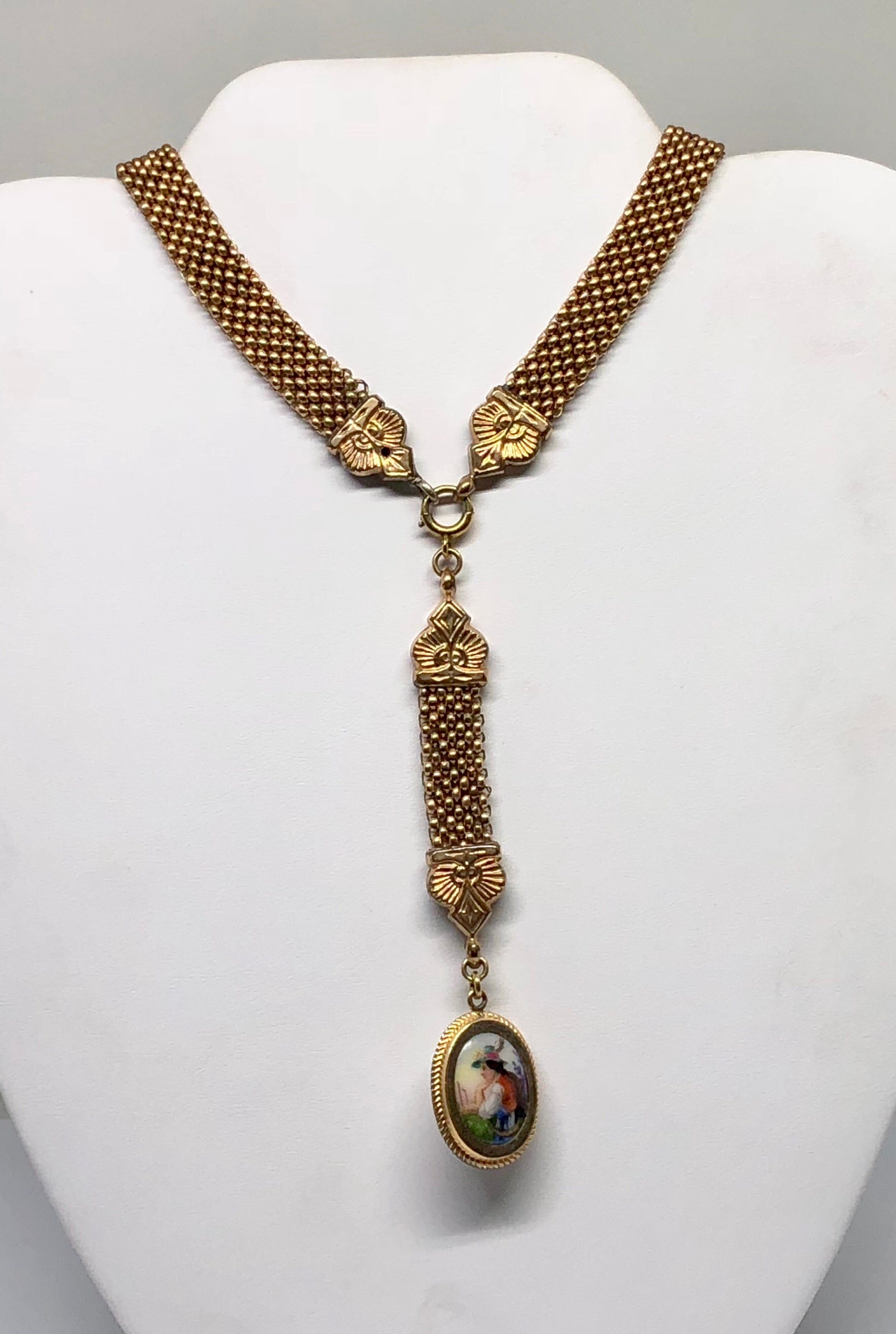 Victorian Gold Filled Double Sided Cameo & Hand Painted Swiss Maiden Necklace - Queen May