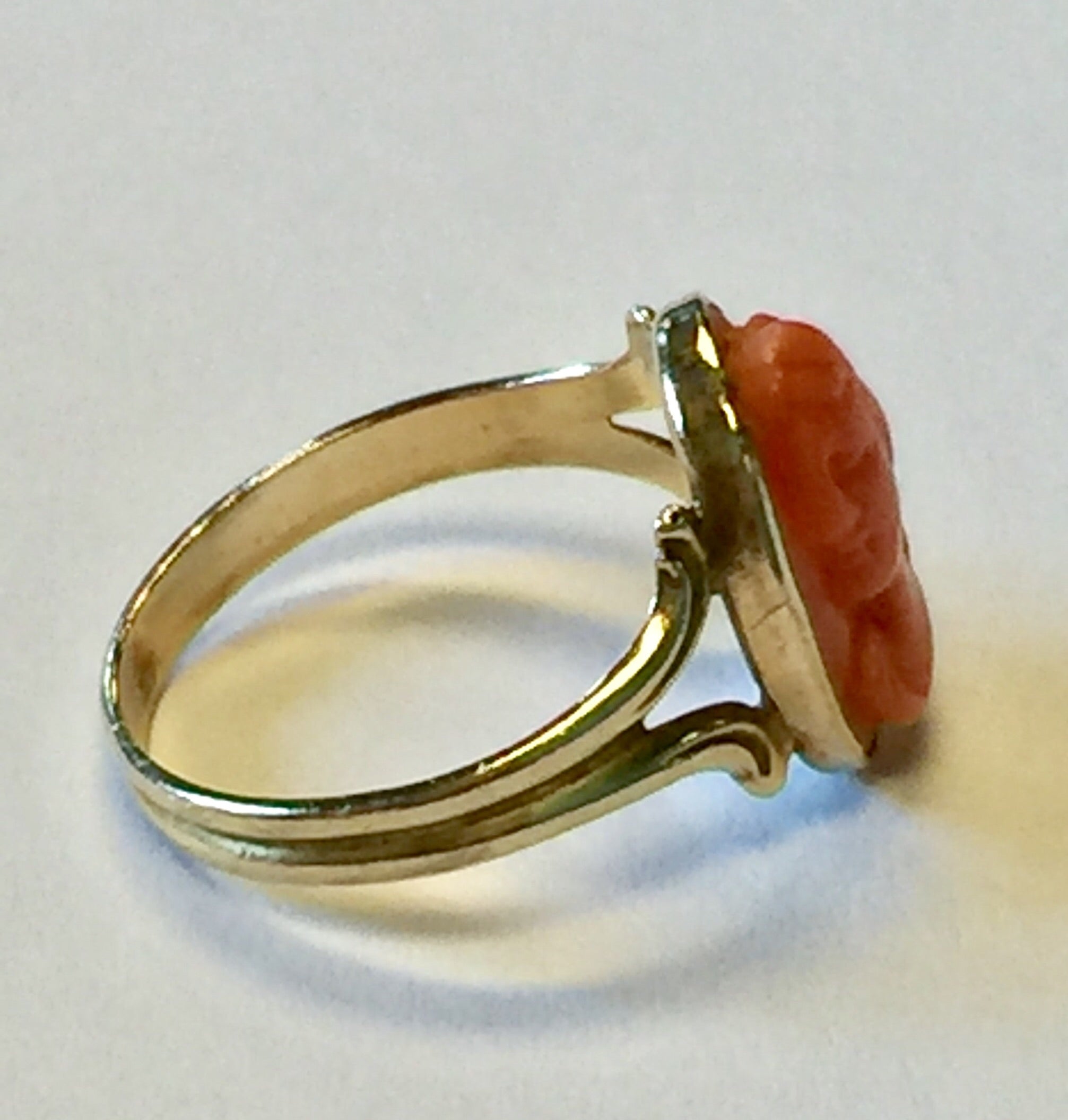 Edwardian 14k Gold Angel Skin Coral Cameo Ring c.1910 - Queen May