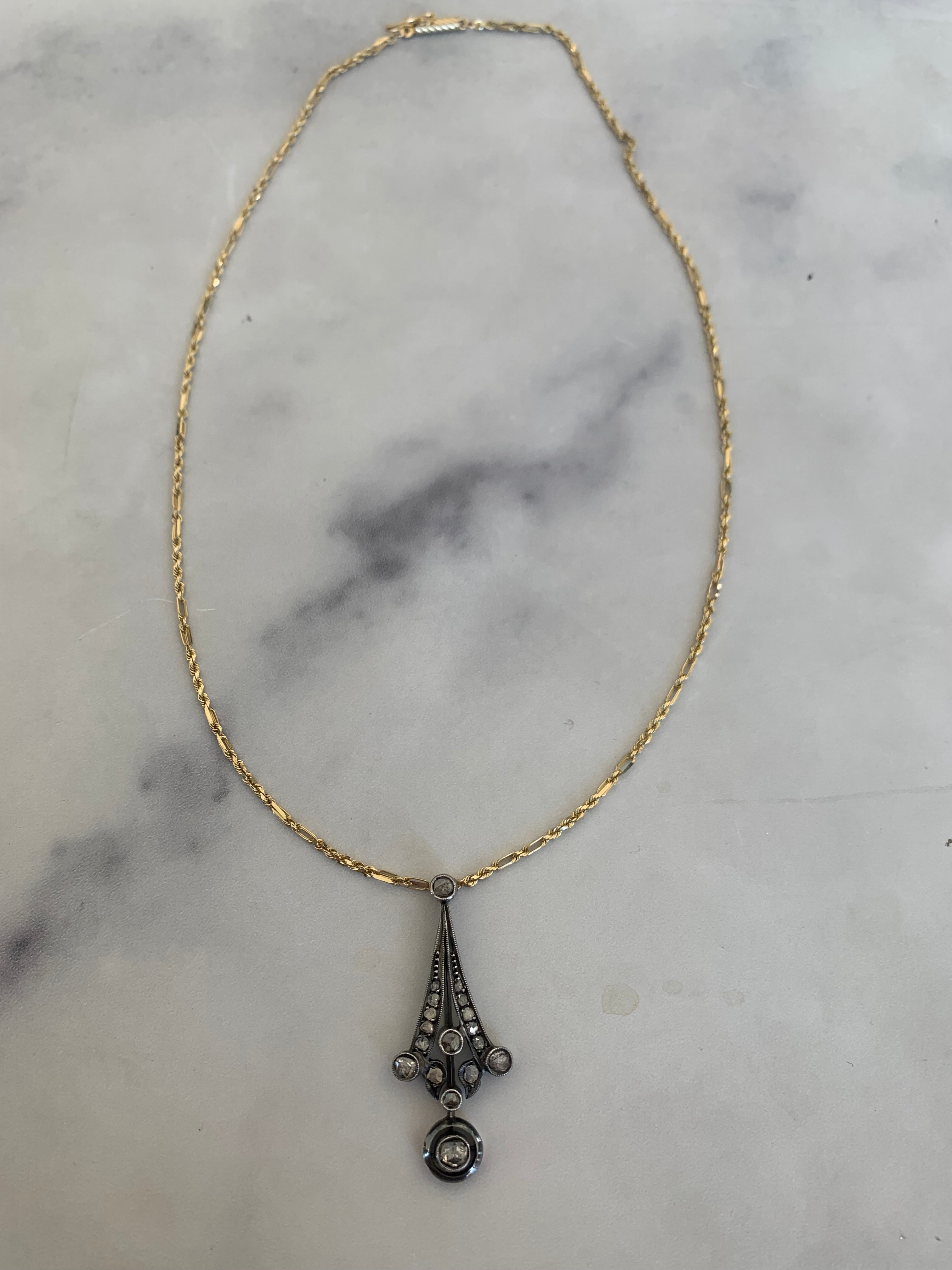 Victorian 14K Yellow Gold & Sterling Silver Rose Cut Diamond Pendant Necklace - Queen May