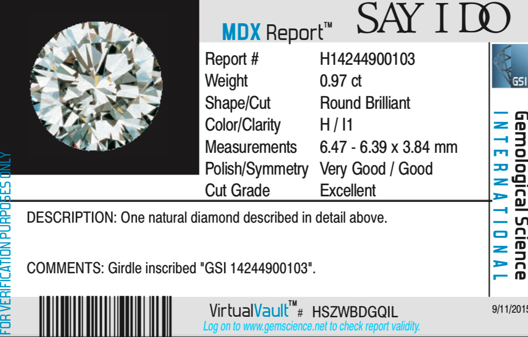 0.97 Carat Round Brilliant Diamond Solitaire Engagement Ring in 14K White Gold GSI Certified - Queen May