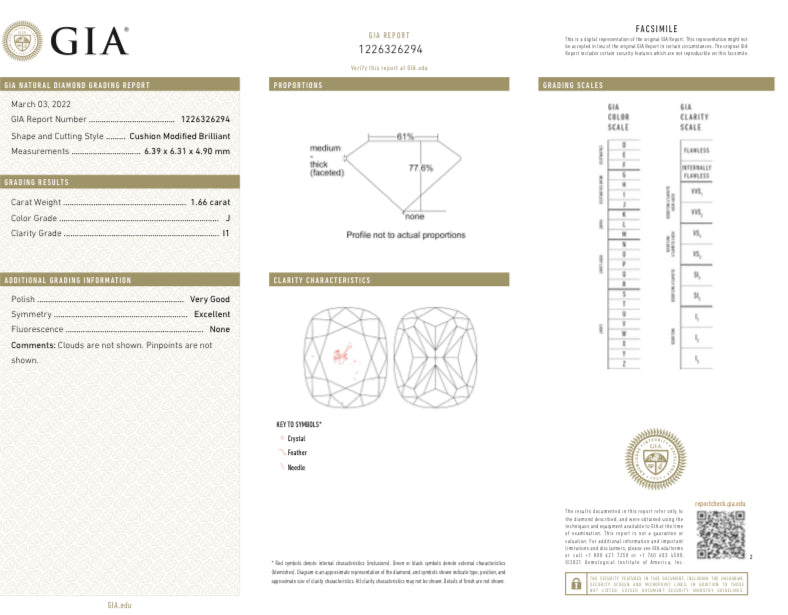 14K White Gold 1.66 Carat Cushion Cut Diamond Engagement Ring GIA Certified - Queen May