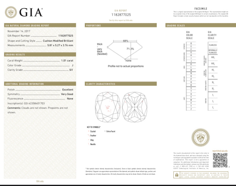 14K White Gold 1.01 Carat Cushion Cut Diamond Engagement Ring GIA Certified - Queen May