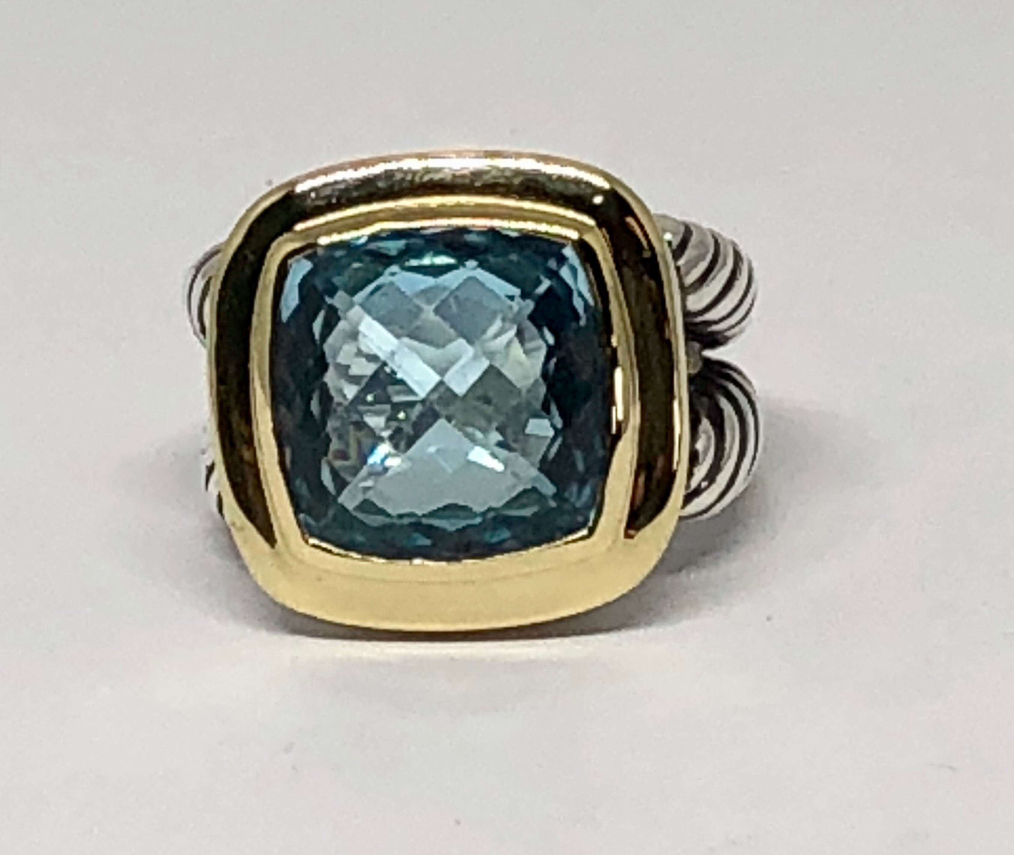 David Yurman Sterling Silver & 18K Gold Blue Topaz Albion Ring Size 6.75 - Queen May