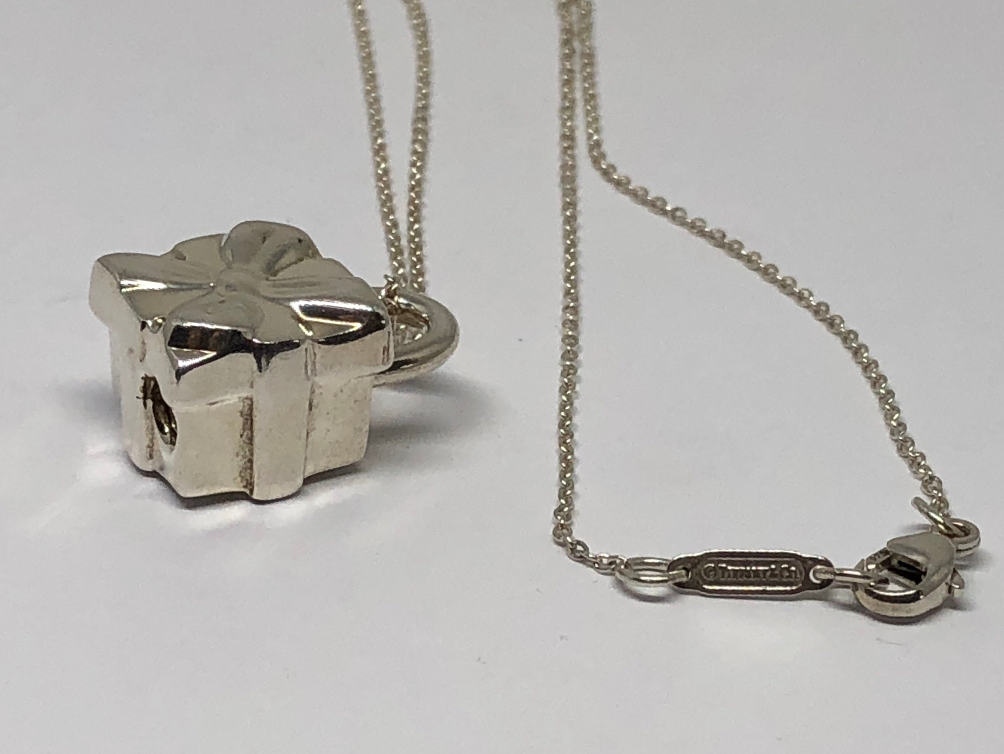 Tiffany & Co Sterling Silver Bow Box Present Charm Necklace 16.75" - Queen May