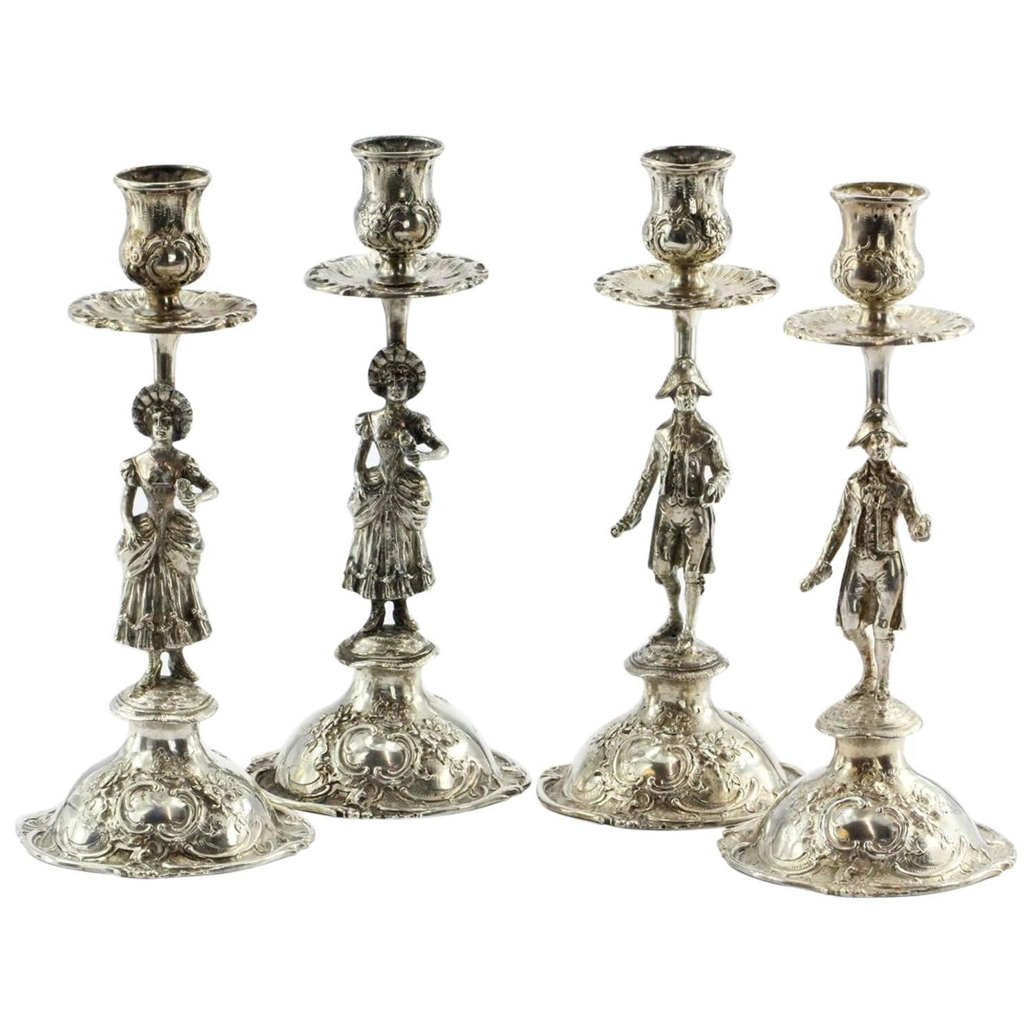 Set of 4 Antique 800 Silver Hanau Germany Figural Rococo Candle Sticks - Queen May