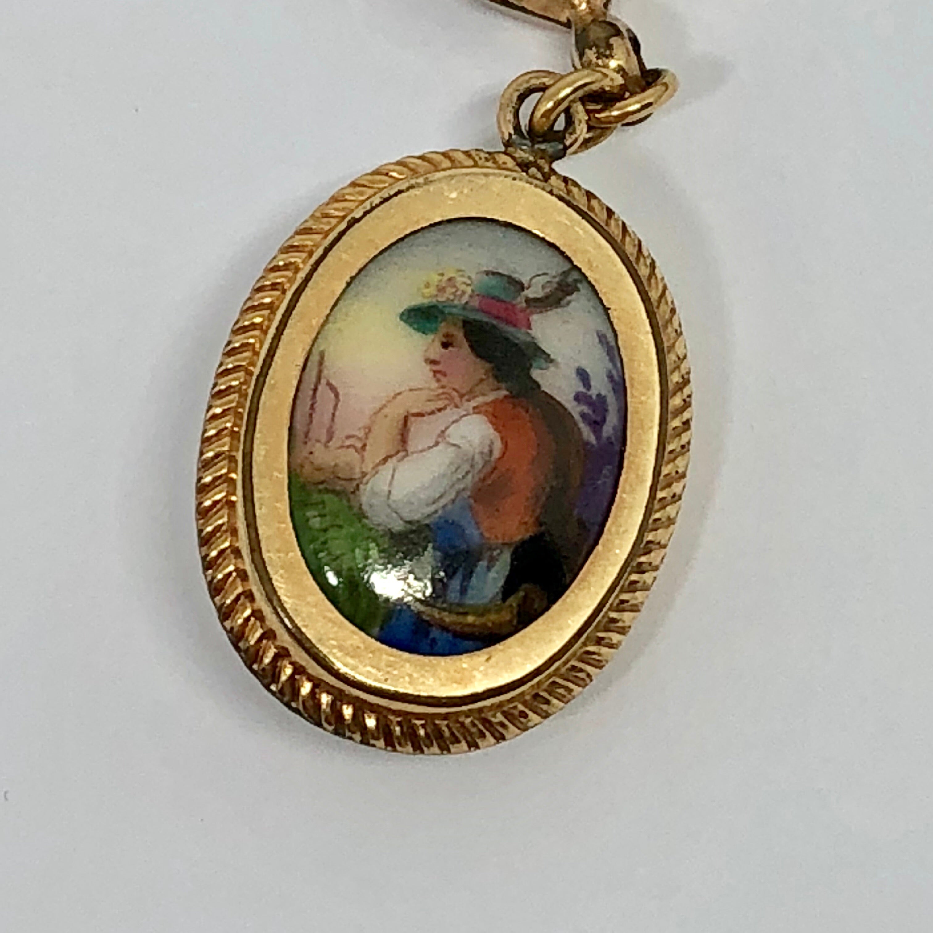 Victorian Gold Filled Double Sided Cameo & Hand Painted Swiss Maiden Necklace - Queen May