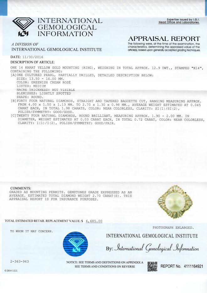 14K Gold Chunky 14mm Round Cream Rose Pearl Diamond Halo Ring - Queen May