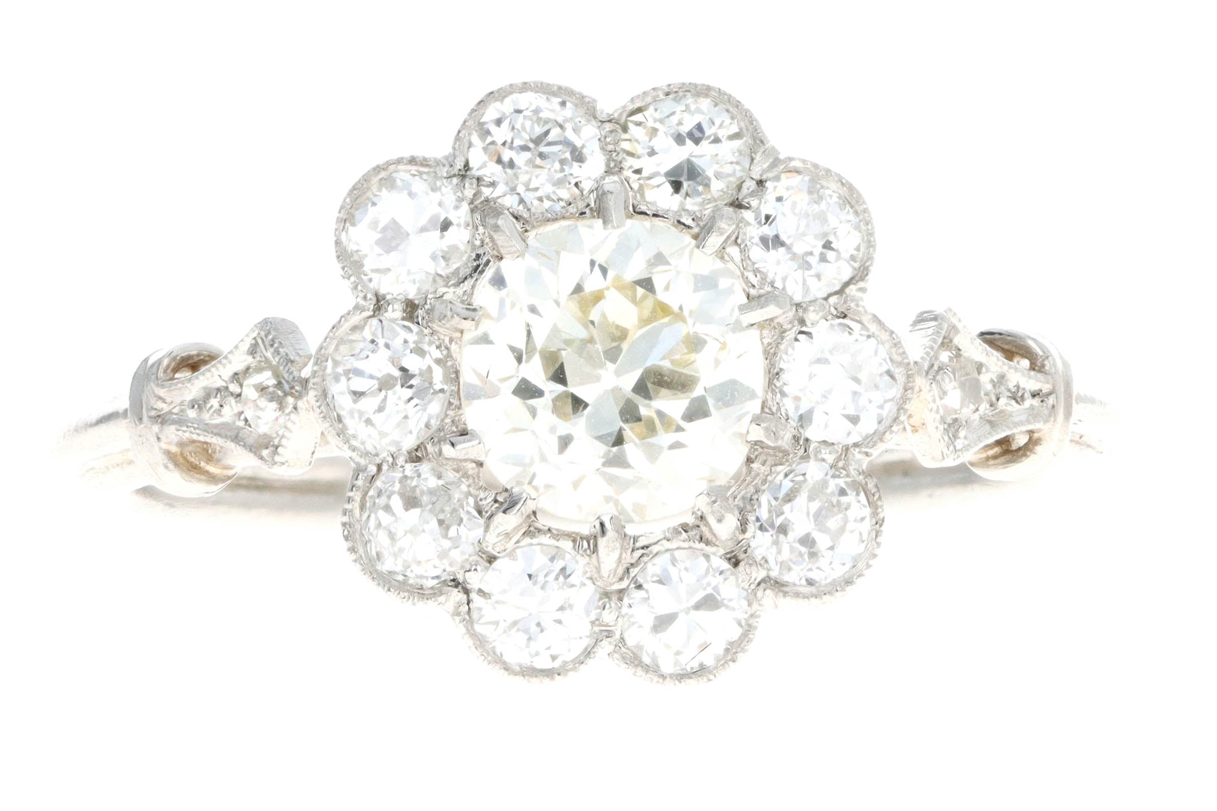 Art Deco Inspired Platinum 0.72 Carat Old European Cut Diamond Halo Cluster Engagement Ring - Queen May