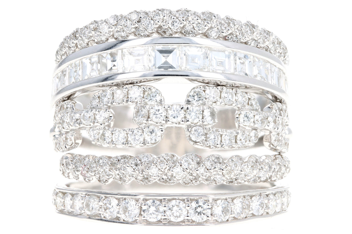 18K White Gold 2.50 Carat Total Weight Asscher Diamond Multi-Row Chain Link Wide Band - Queen May