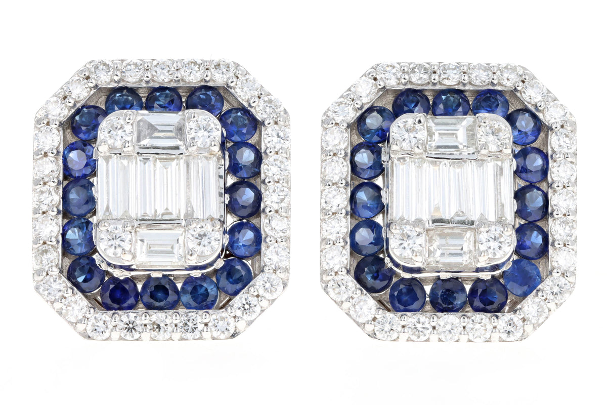 18K White Gold Baguette Cut Diamond & Sapphire Halo Mosaic Earrings - Queen May