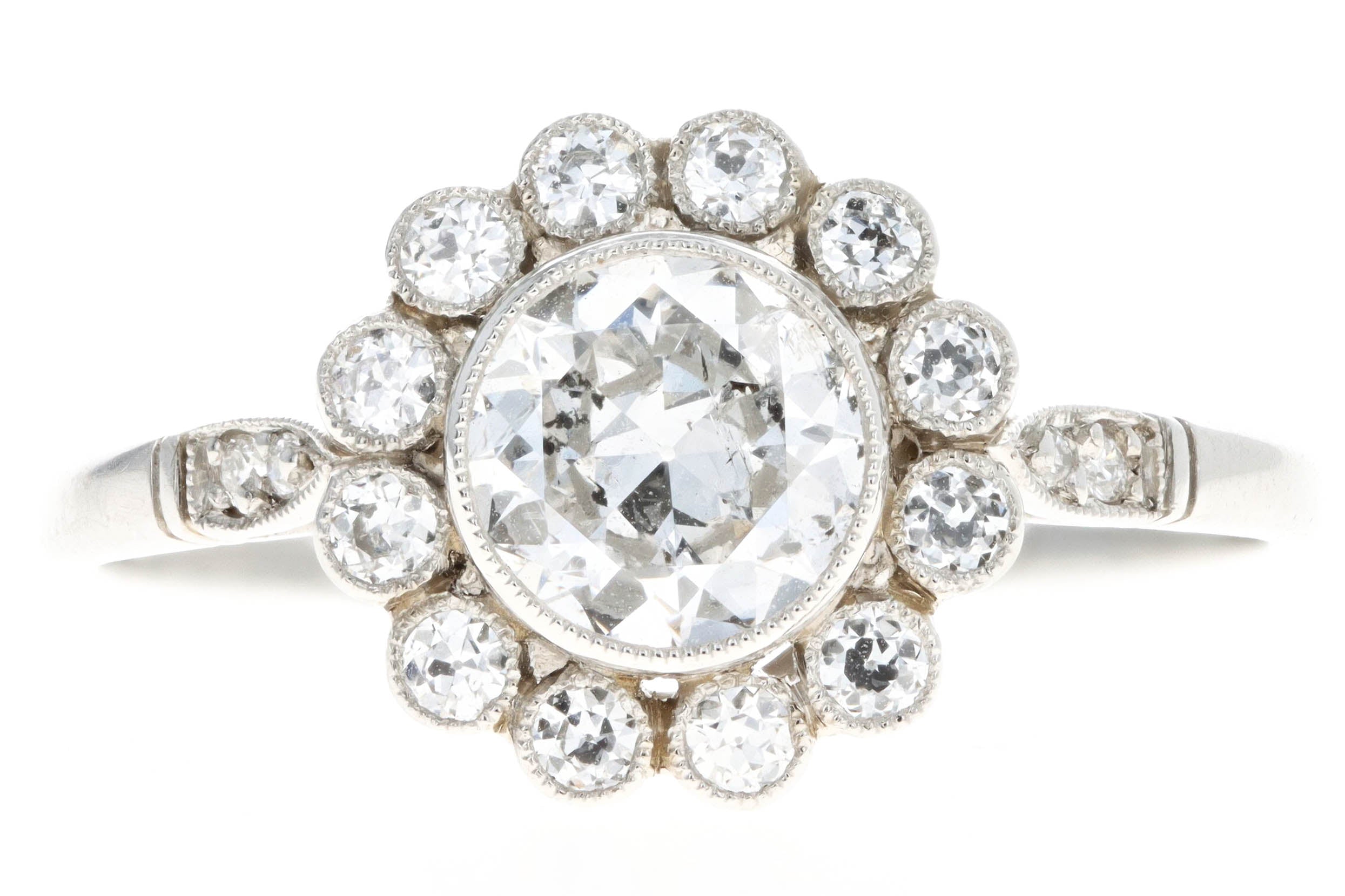 Art Deco Inspired Platinum 0.74 Carat Old European Cut Diamond Cluster Halo Engagement Ring - Queen May