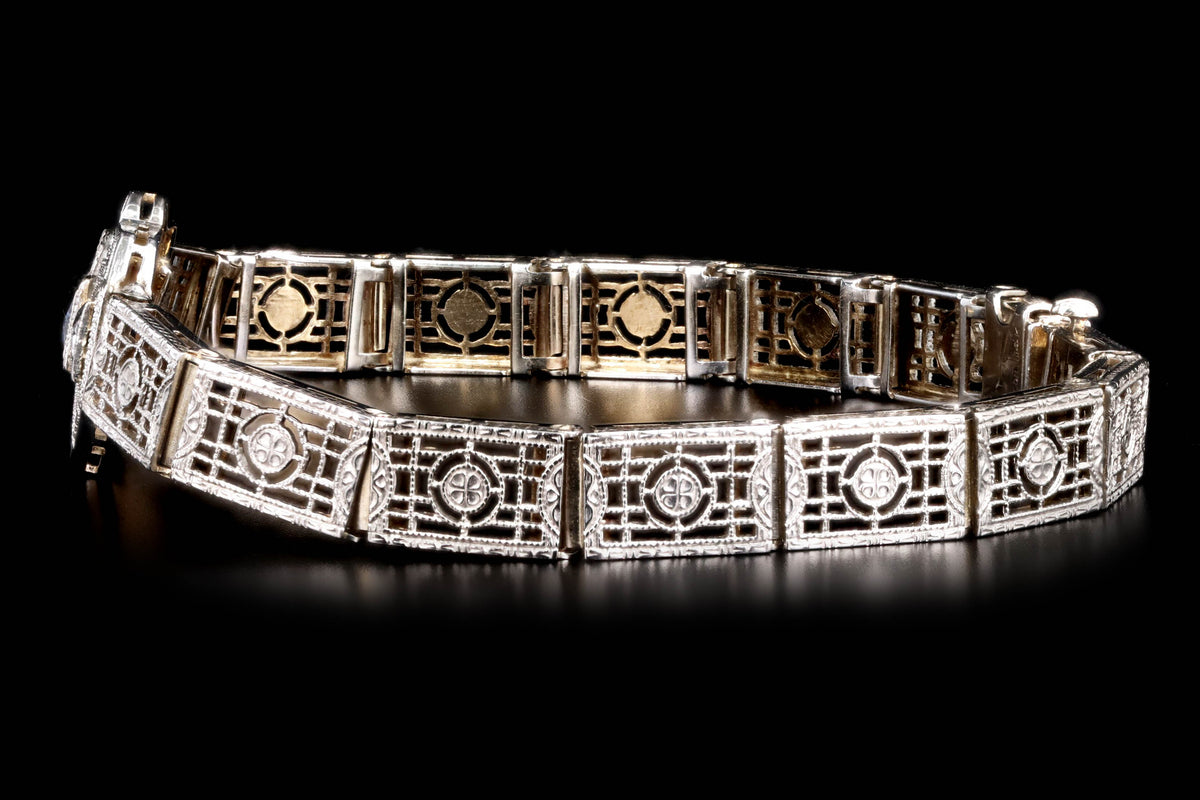 Art Deco 14K White Gold .20 Carat Synthetic Sapphire & Diamond Filigree Bracelet - Queen May