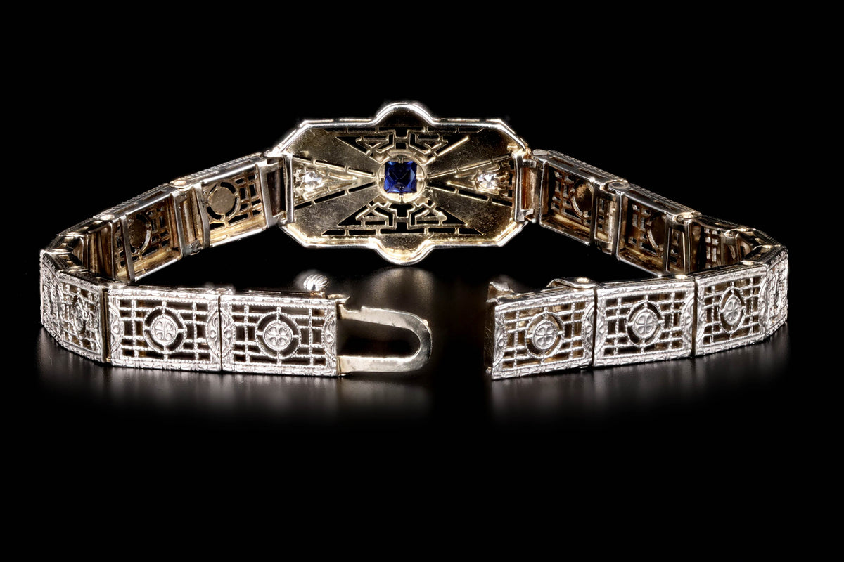 Art Deco 14K White Gold .20 Carat Synthetic Sapphire & Diamond Filigree Bracelet - Queen May