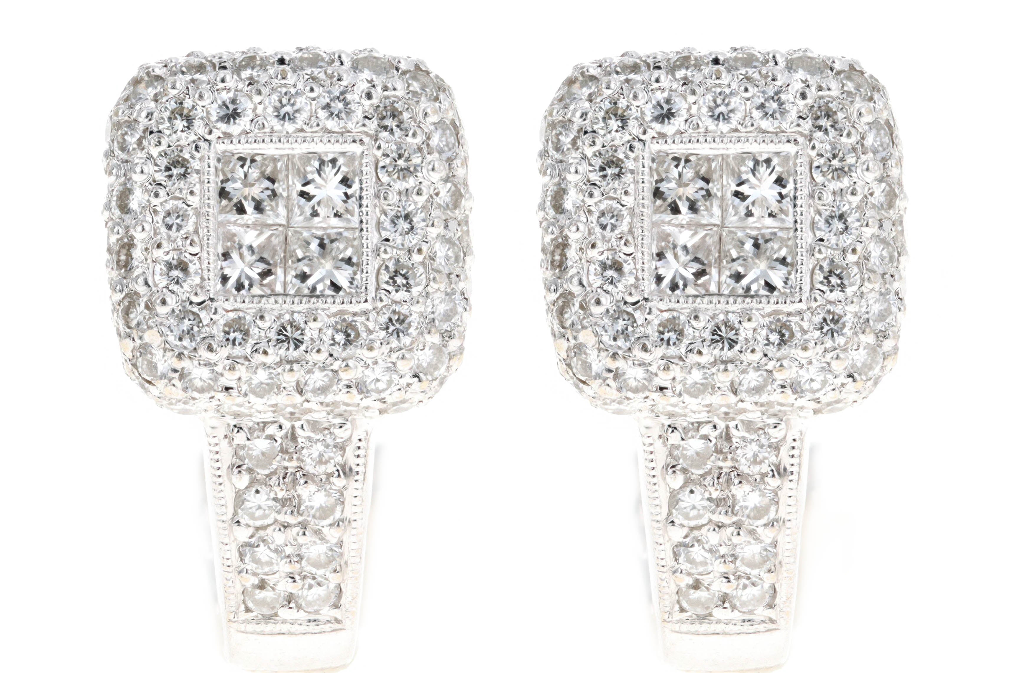18K White 1.66 Carat Total Weight Invisible Set Princess Diamond Pave Earrings - Queen May