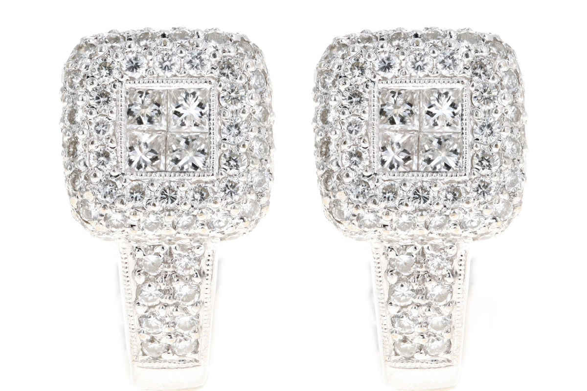18K White 1.66 Carat Total Weight Invisible Set Princess Diamond Pave Earrings - Queen May