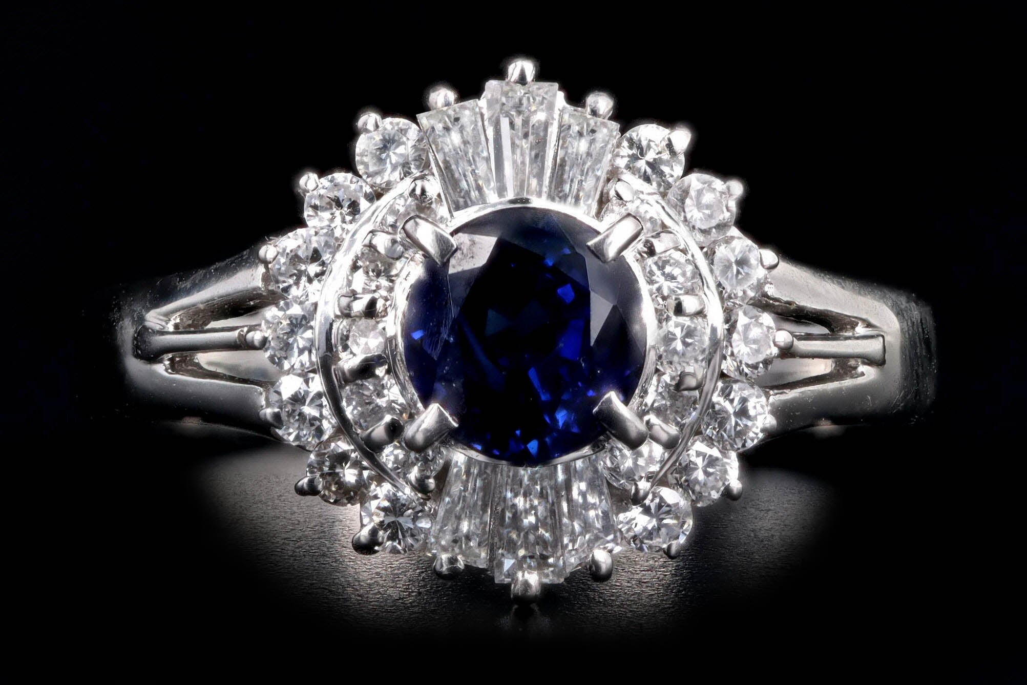 Retro Platinum 1.73 Carat Round Natural Sapphire & Diamond Ballerina Ring - Queen May