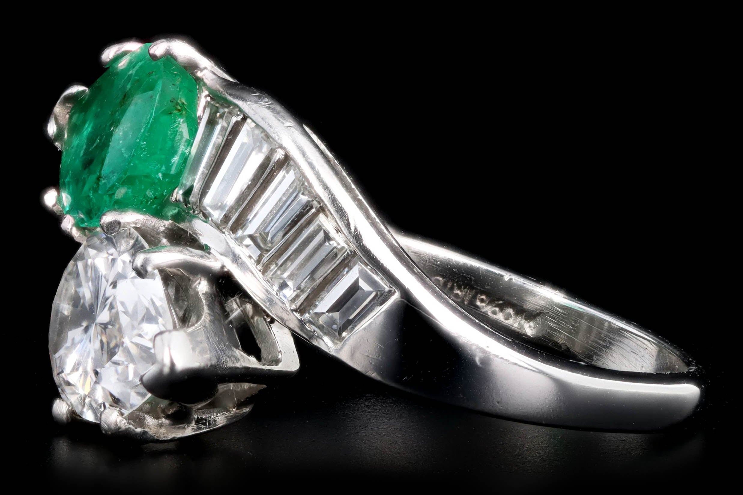 Retro Platinum 1.91 Carat Pear Diamond & 1.5 Carat Natural Emerald Toi Et Moi Ring GIA Certified - Queen May