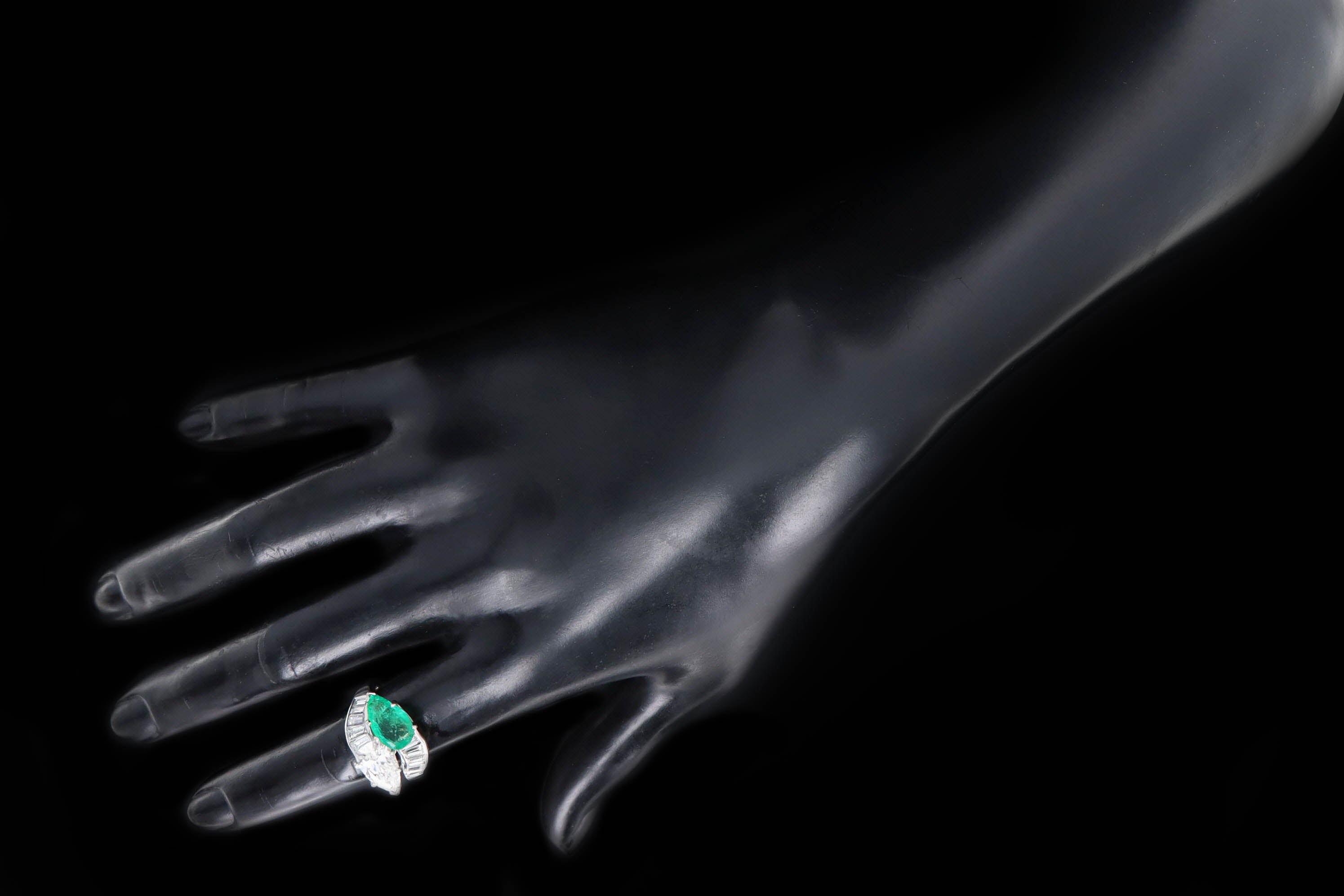 Retro Platinum 1.91 Carat Pear Diamond & 1.5 Carat Natural Emerald Toi Et Moi Ring GIA Certified - Queen May