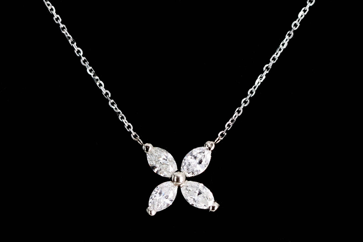 14K White Gold 1.03 Carat Total Weight Marquise Diamond Floral Pendant Necklace - Queen May