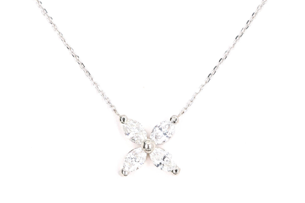 14K White Gold 1.03 Carat Total Weight Marquise Diamond Floral Pendant Necklace - Queen May