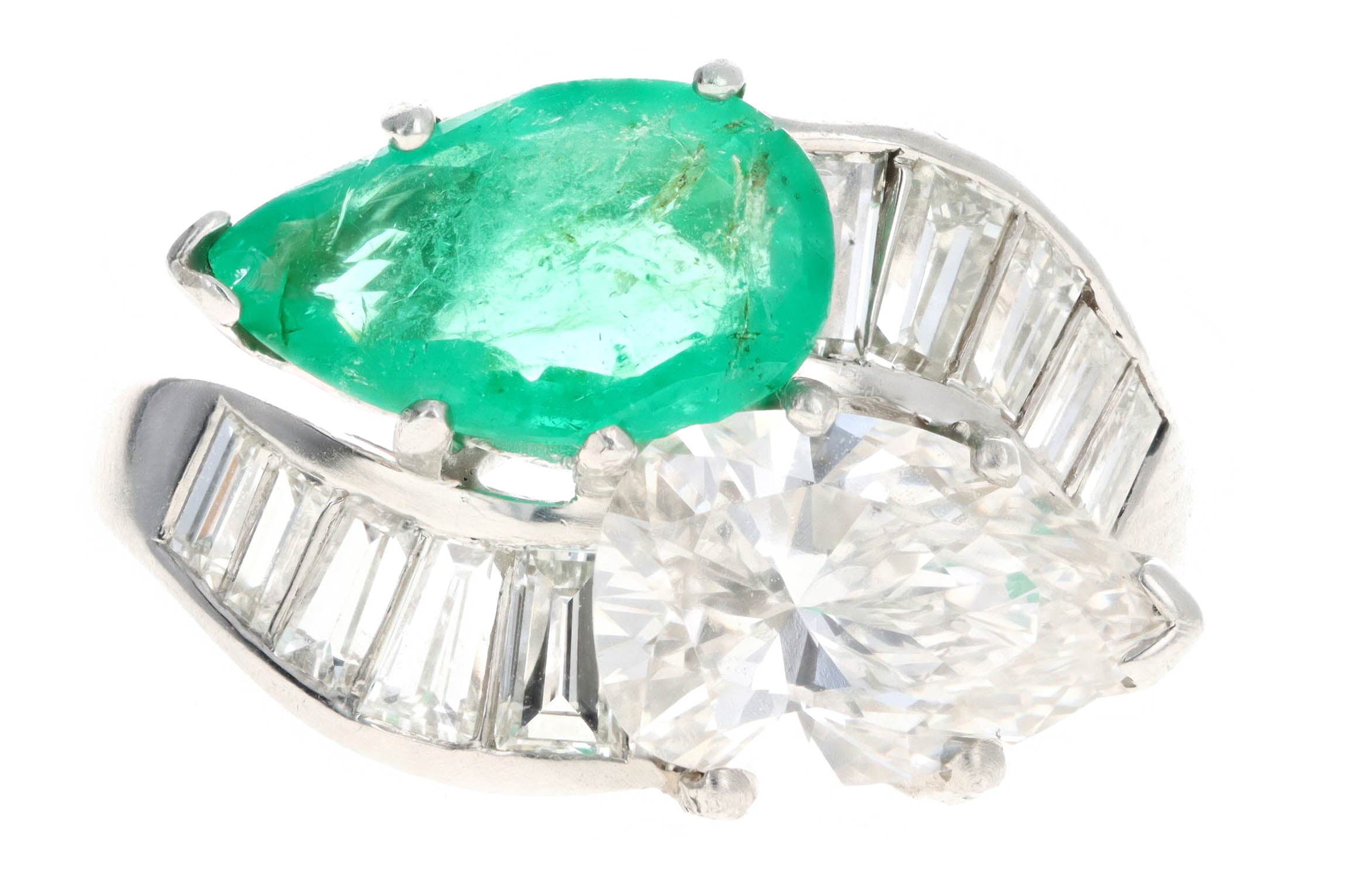Retro Platinum 1.91 Carat Pear Diamond & 1.5 Carat Natural Emerald Toi Et Moi Ring GIA Certified - Queen May