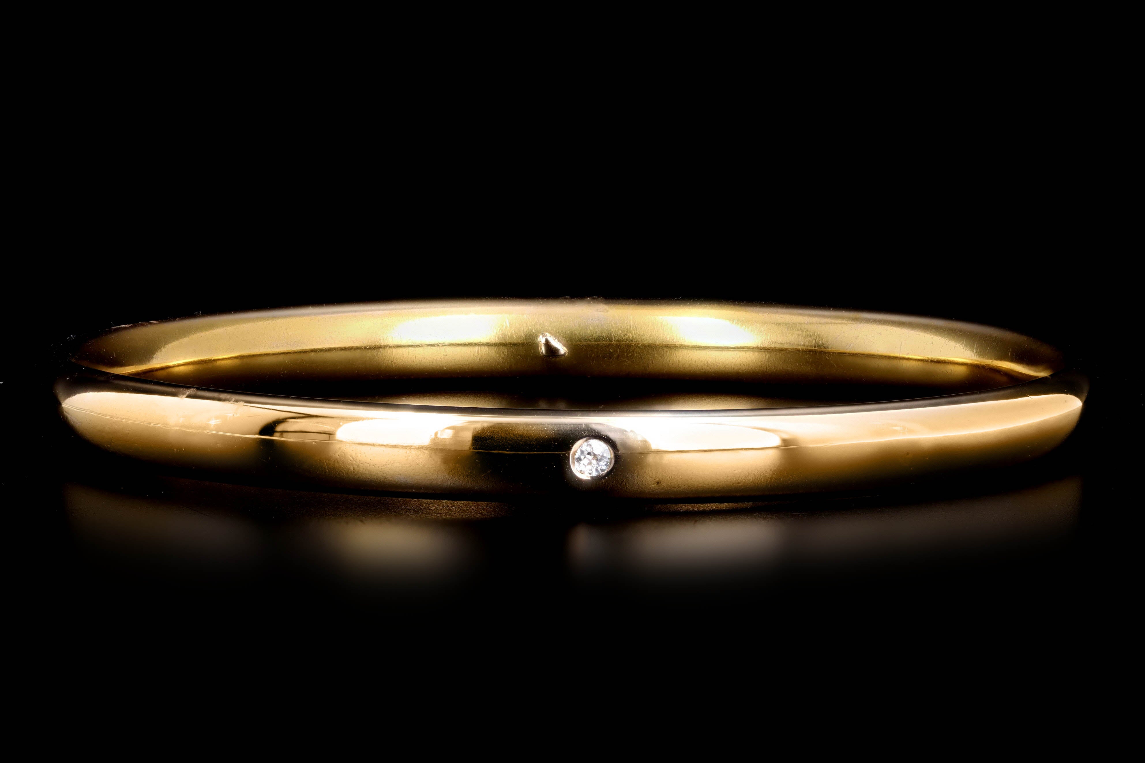 Victorian 14K Yellow Gold Old Mine Cut Diamond Engraved Tube Bangle - Queen May