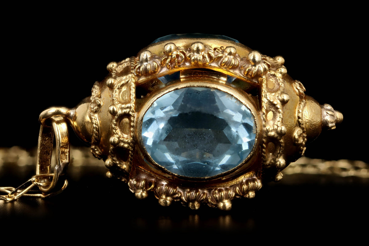 Mid Century Italian Etruscan Revival 18K Yellow Gold Blue Glass Charm Pendant Necklace - Queen May