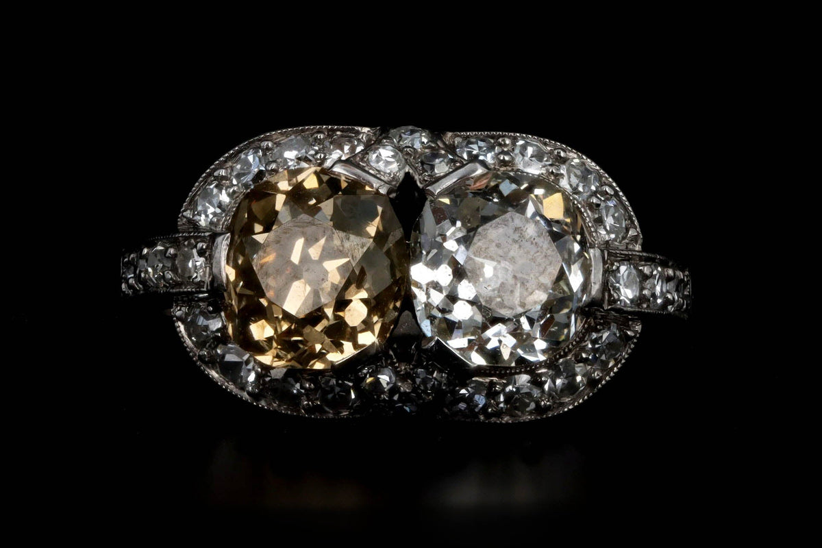 Art Deco Fancy Peach Old Mine Cut Diamond Two Stone Ring in Platinum - Queen May
