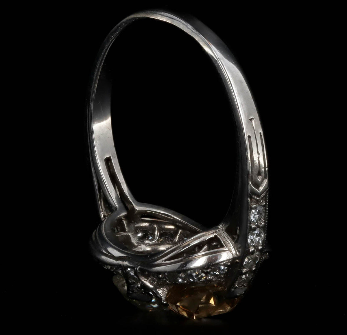 Art Deco Fancy Peach Old Mine Cut Diamond Two Stone Ring in Platinum - Queen May