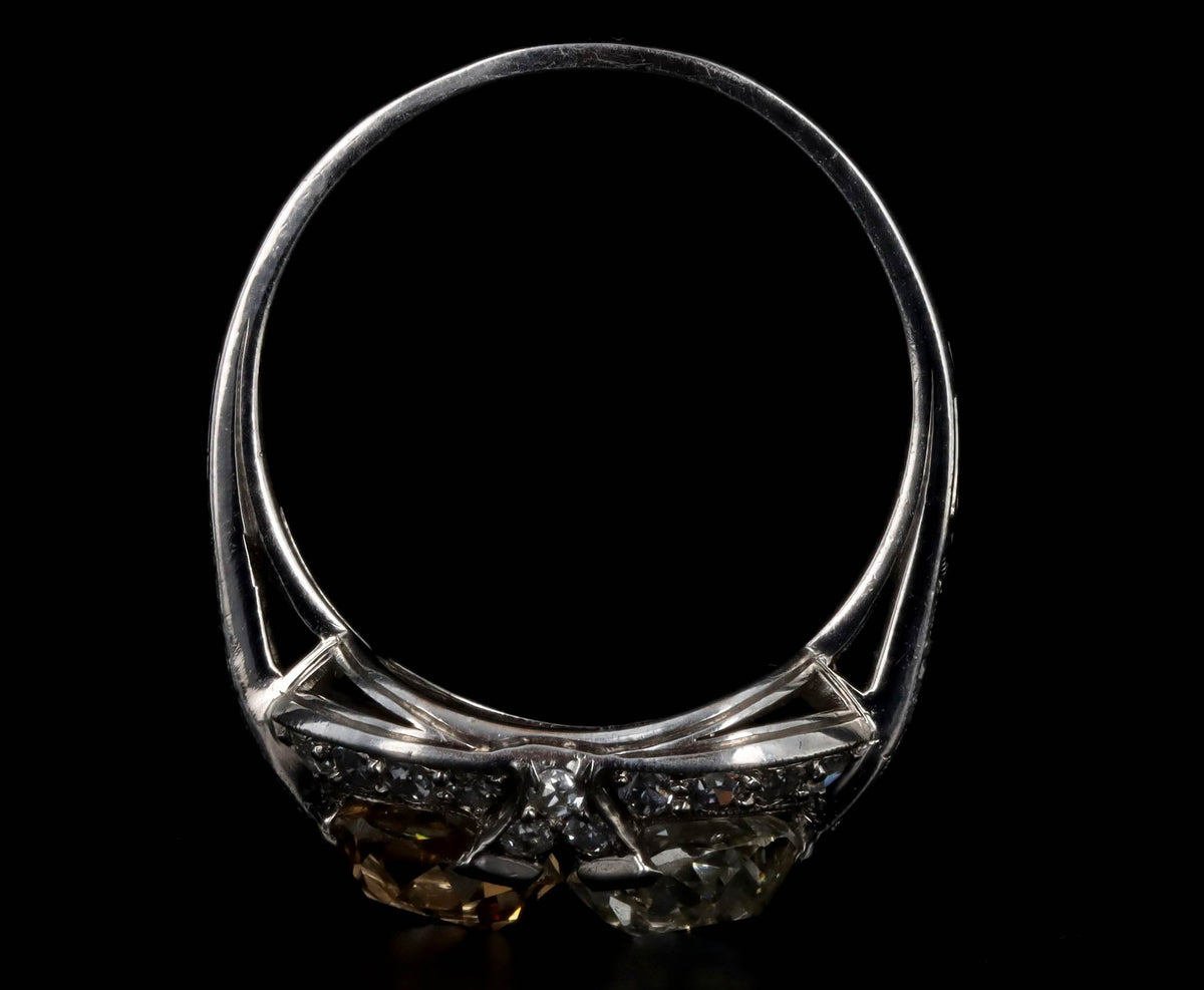 Art Deco Fancy Peach Old Mine Cut Diamond Two Stone Ring in Platinum - Queen May