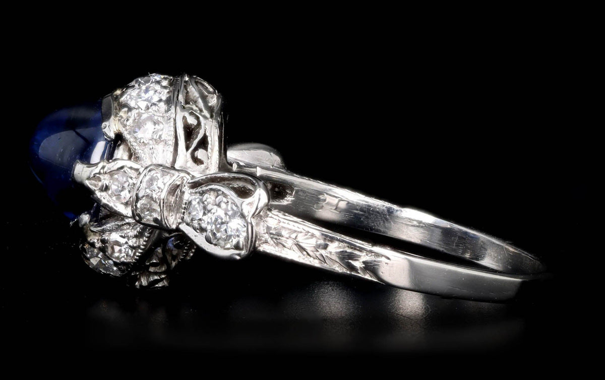 Art Deco 2 Carat Cabochon Natural Sapphire & Old European Diamond Ring in Platinum GIA Certified - Queen May