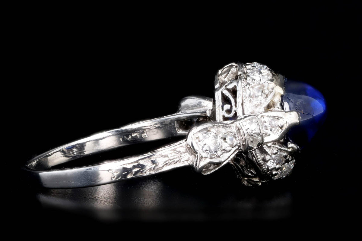 Art Deco 2 Carat Cabochon Natural Sapphire & Old European Diamond Ring in Platinum GIA Certified - Queen May