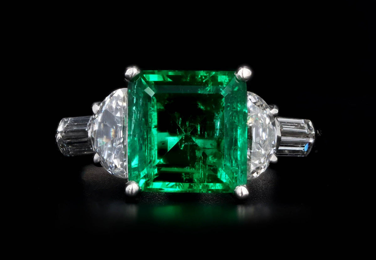 Art Deco 2.85 Carat Natural Colombian Emerald & Half Moon Diamond Ring in Platinum - Queen May