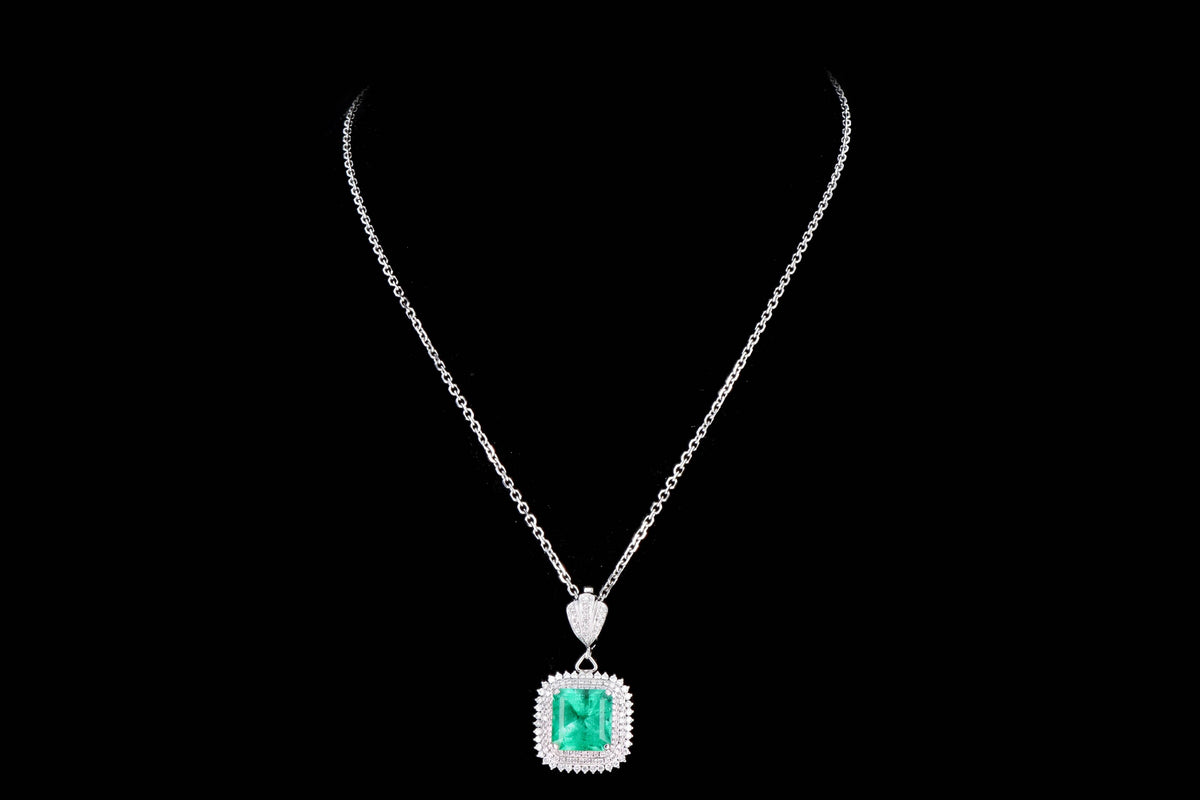 Platinum 9.54 Carat Natural Colombian Emerald & Diamond Halo Pendant Necklace GIA Certified - Queen May