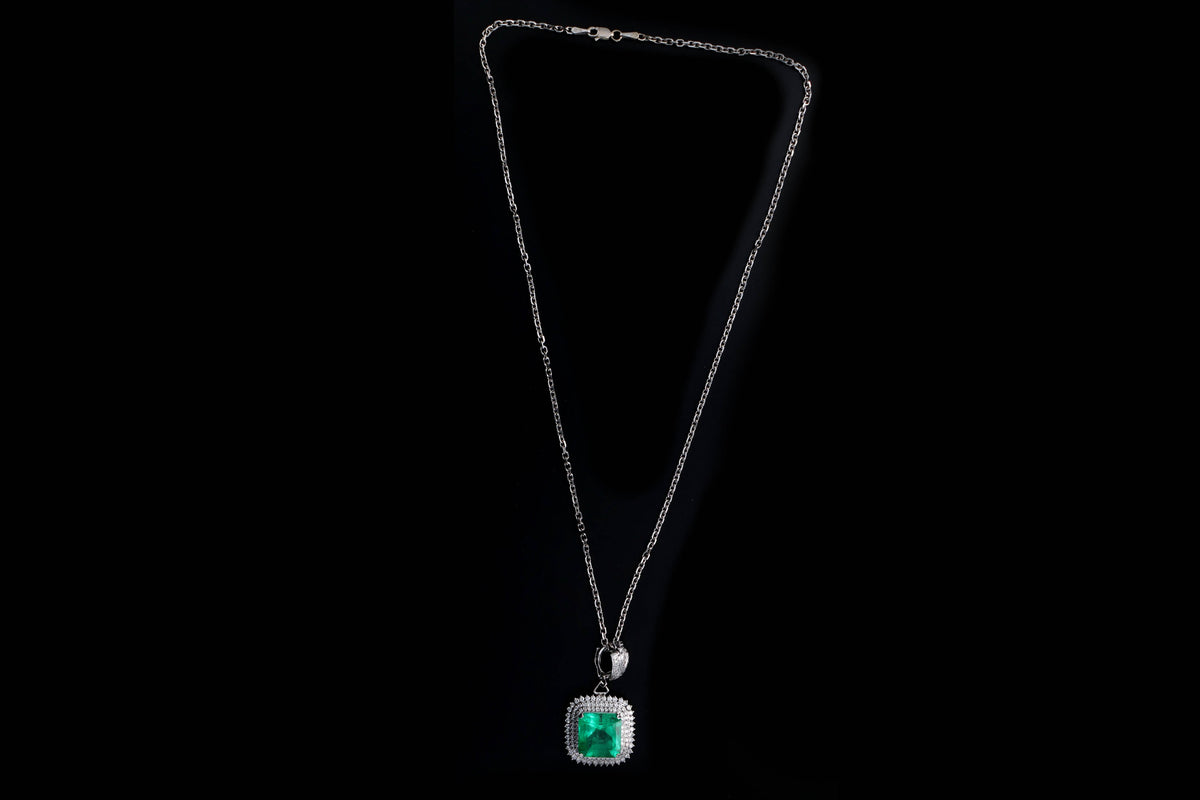 Platinum 9.54 Carat Natural Colombian Emerald & Diamond Halo Pendant Necklace GIA Certified - Queen May