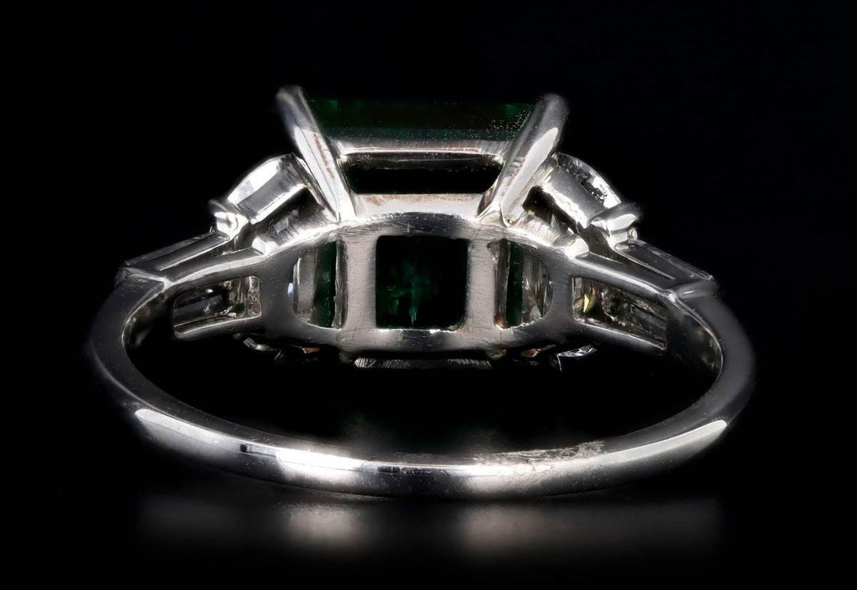 Art Deco 2.85 Carat Natural Colombian Emerald & Half Moon Diamond Ring in Platinum - Queen May