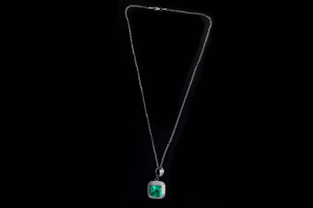 Platinum 9.54 Carat Natural Colombian Emerald & Diamond Halo Pendant Necklace GIA Certified - Queen May